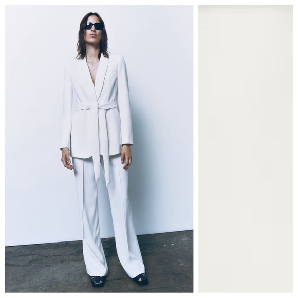 NWT. Zara Ecru Viscose Belted Tuxedo Jacket. Size XL.